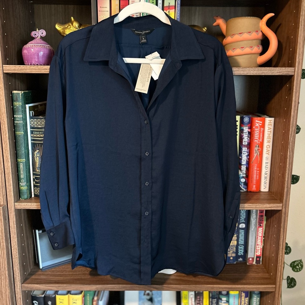Navy Blue Petite Silky Button Down Top